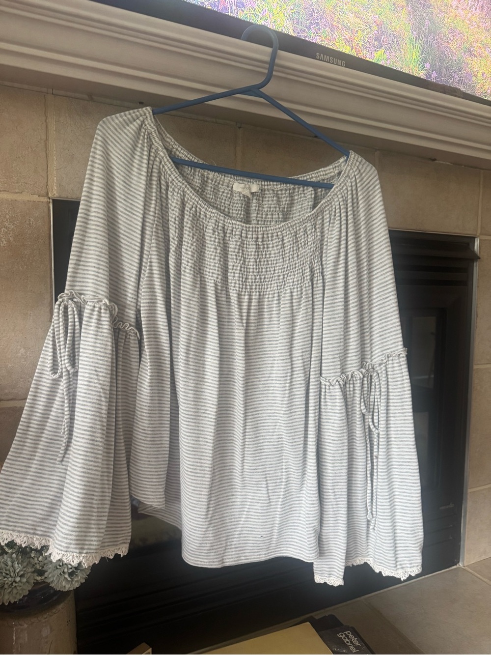 Maurices Light Gray & White Striped Off-Shoulder Bell Sleeve Top
